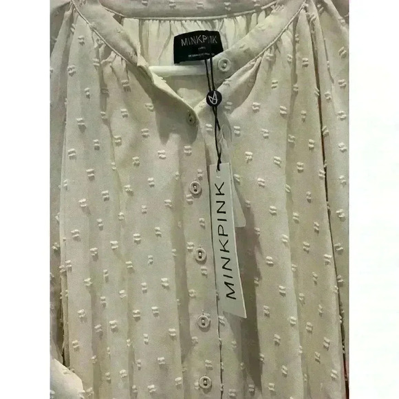 NWT! MINKPINK Cream Womens Large Dress Puff Sleeve Buttons Mini Pheasant - Picture 3 of 3